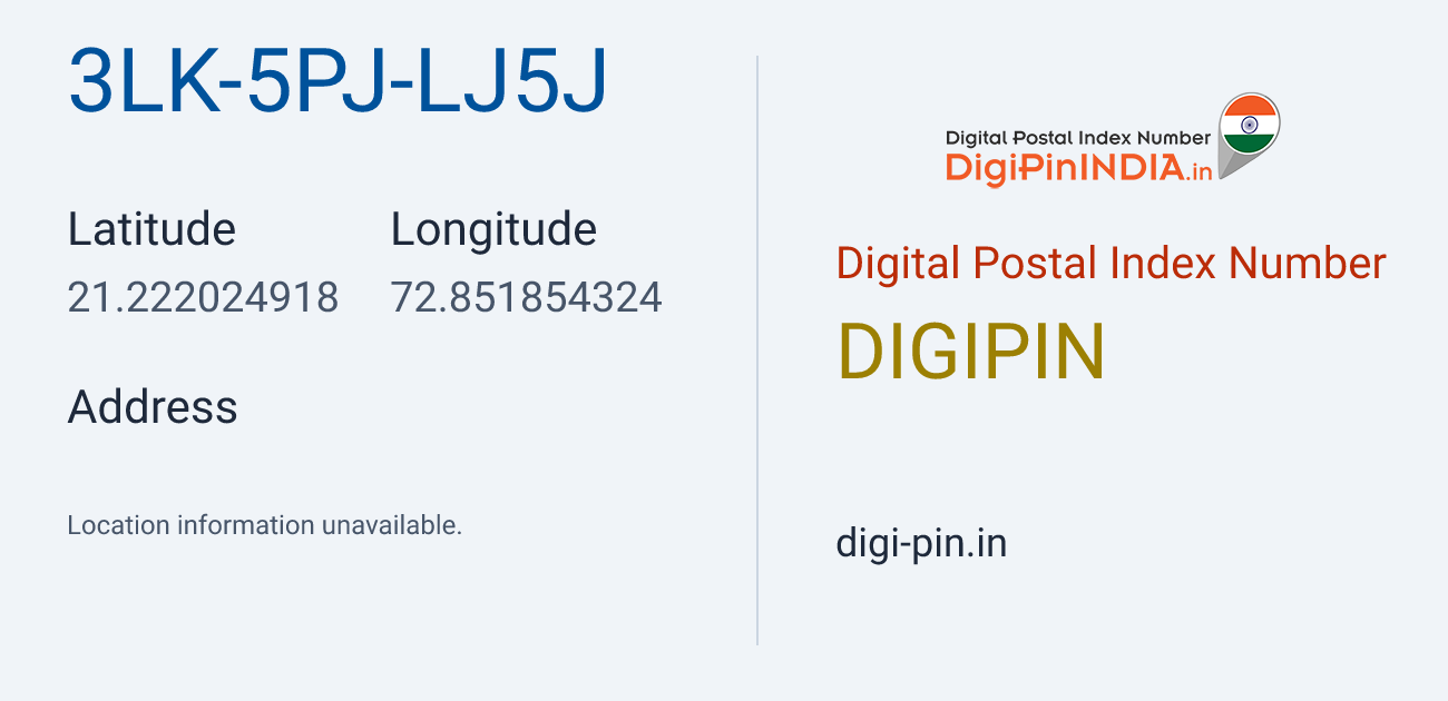DigiPin 3LK-5PJ-LJ5J location map showing coordinates 21.222025, 72.851854