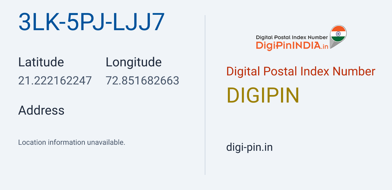 DigiPin 3LK-5PJ-LJJ7 location map showing coordinates 21.222162, 72.851683