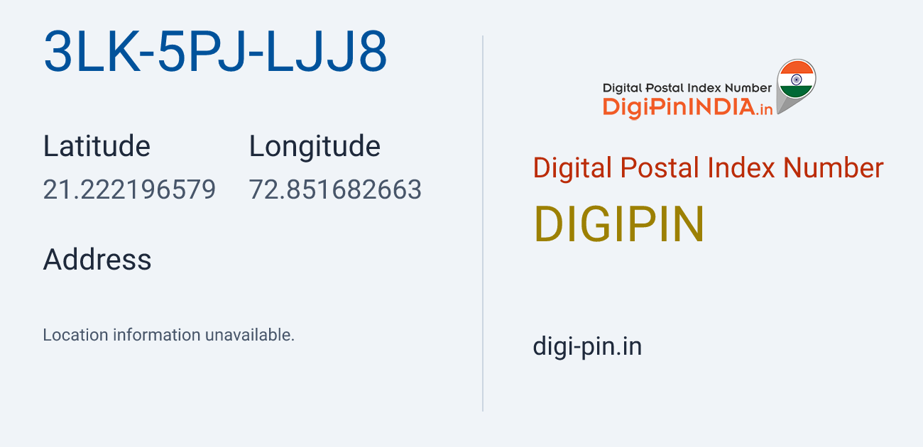 DigiPin 3LK-5PJ-LJJ8 location map showing coordinates 21.222197, 72.851683