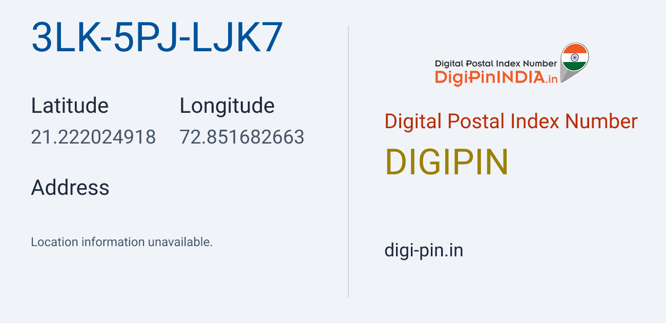 DigiPin 3LK-5PJ-LJK7 location map showing coordinates 21.222025, 72.851683