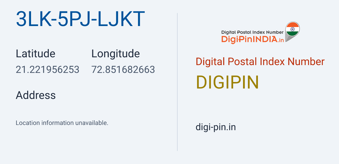 DigiPin 3LK-5PJ-LJKT location map showing coordinates 21.221956, 72.851683