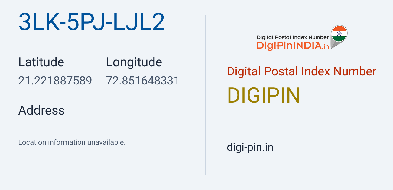 DigiPin 3LK-5PJ-LJL2 location map showing coordinates 21.221888, 72.851648