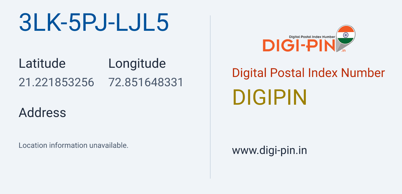 DigiPin 3LK-5PJ-LJL5 location map showing coordinates 21.221853, 72.851648