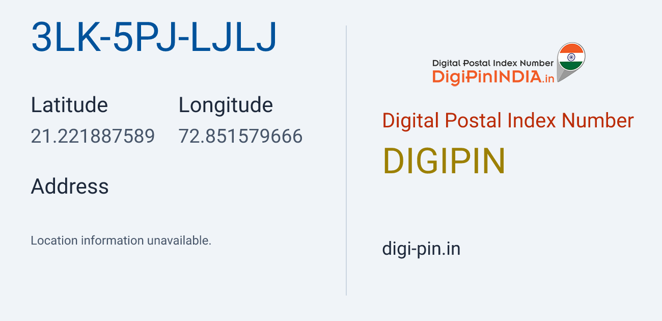 DigiPin 3LK-5PJ-LJLJ location map showing coordinates 21.221888, 72.851580