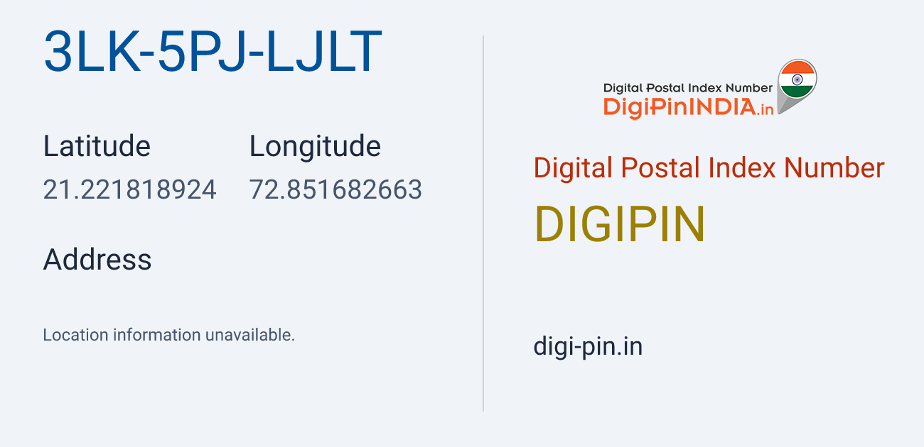 DigiPin 3LK-5PJ-LJLT location map showing coordinates 21.221819, 72.851683