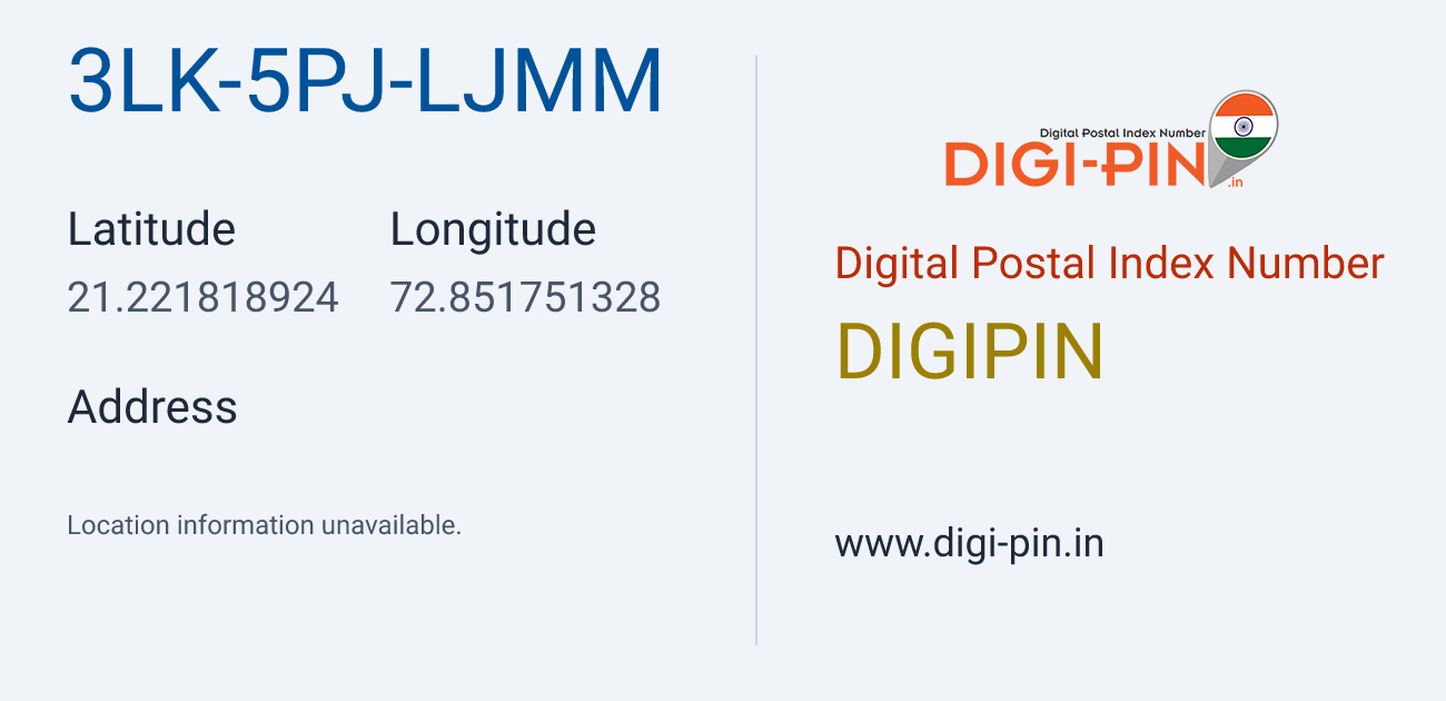 DigiPin 3LK-5PJ-LJMM location map showing coordinates 21.221819, 72.851751