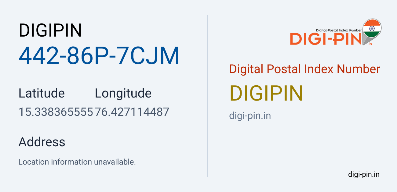 DigiPin 442-86P-7CJM location map showing coordinates 15.338366, 76.427114