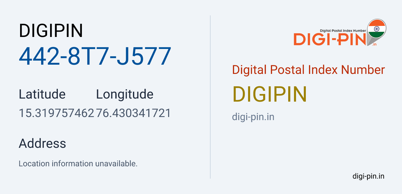 DigiPin 442-8T7-J577 location map showing coordinates 15.319757, 76.430342