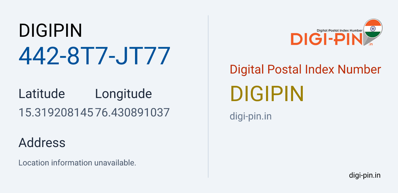 DigiPin 442-8T7-JT77 location map showing coordinates 15.319208, 76.430891