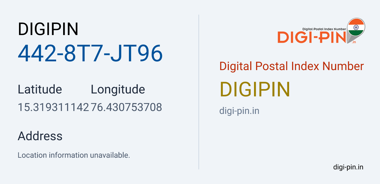 DigiPin 442-8T7-JT96 location map showing coordinates 15.319311, 76.430754