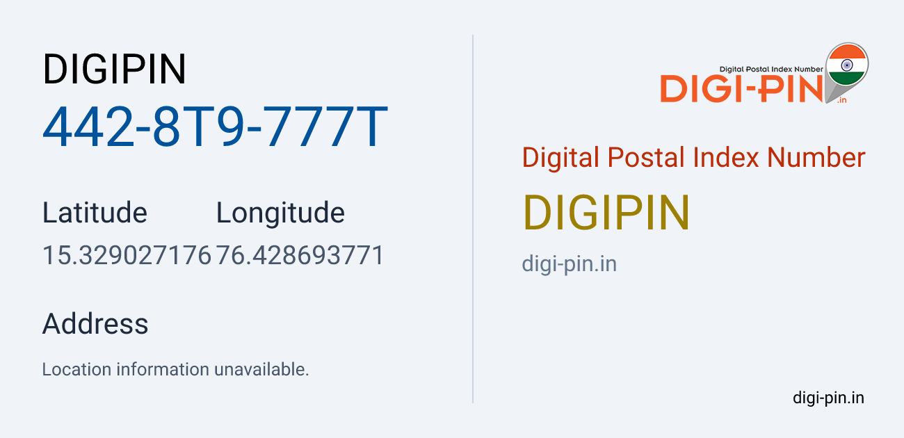 DigiPin 442-8T9-777T location map showing coordinates 15.329027, 76.428694