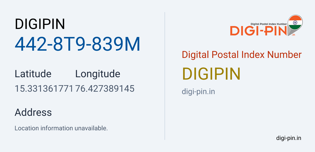 DigiPin 442-8T9-839M location map showing coordinates 15.331362, 76.427389
