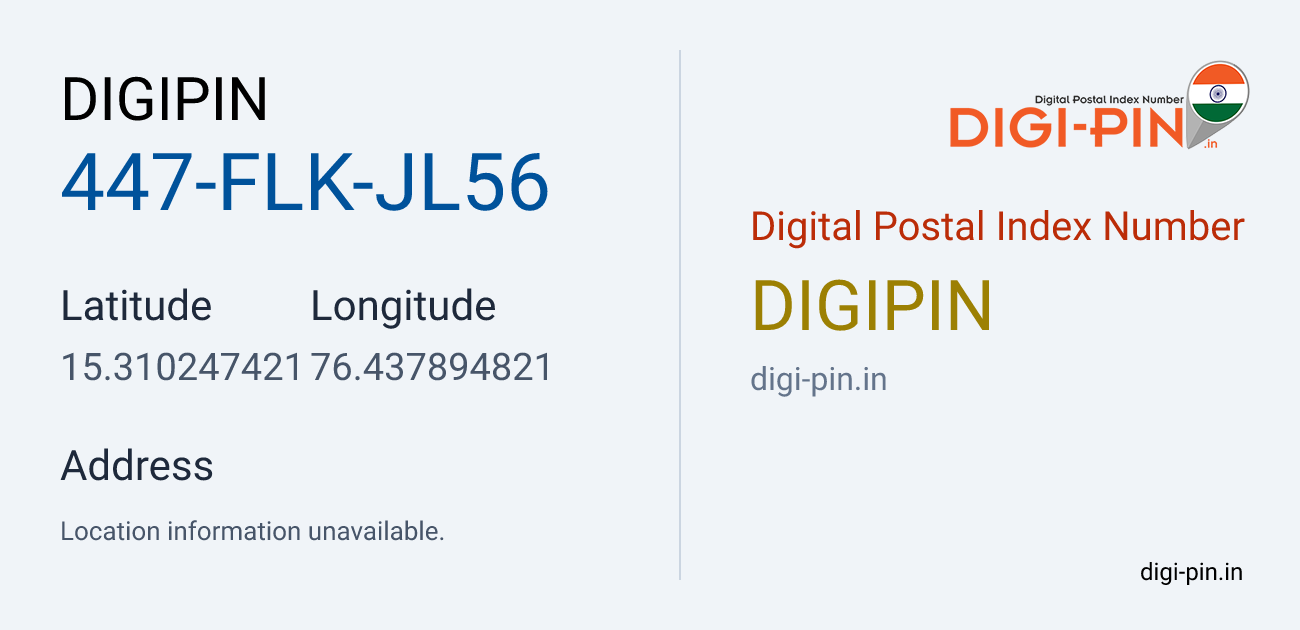 DigiPin 447-FLK-JL56 location map showing coordinates 15.310247, 76.437895