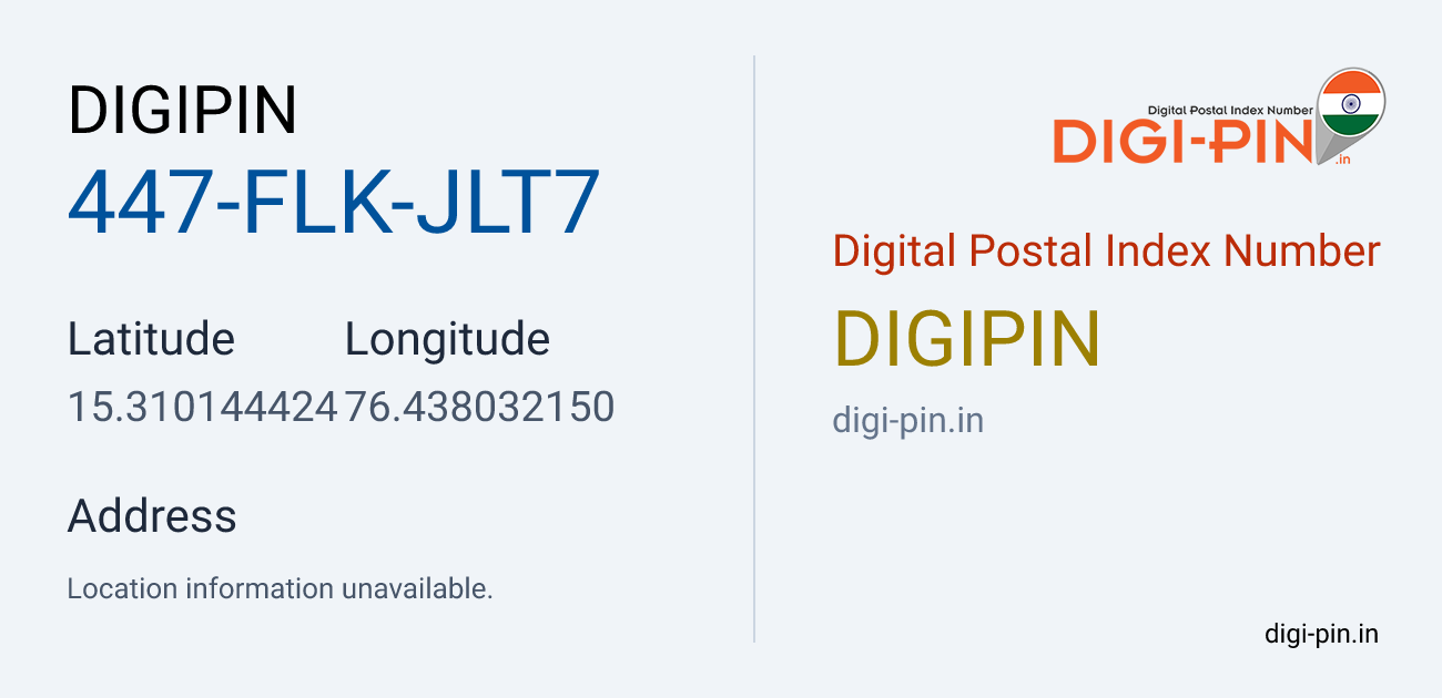 DigiPin 447-FLK-JLT7 location map showing coordinates 15.310144, 76.438032