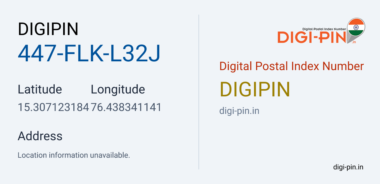 DigiPin 447-FLK-L32J location map showing coordinates 15.307123, 76.438341