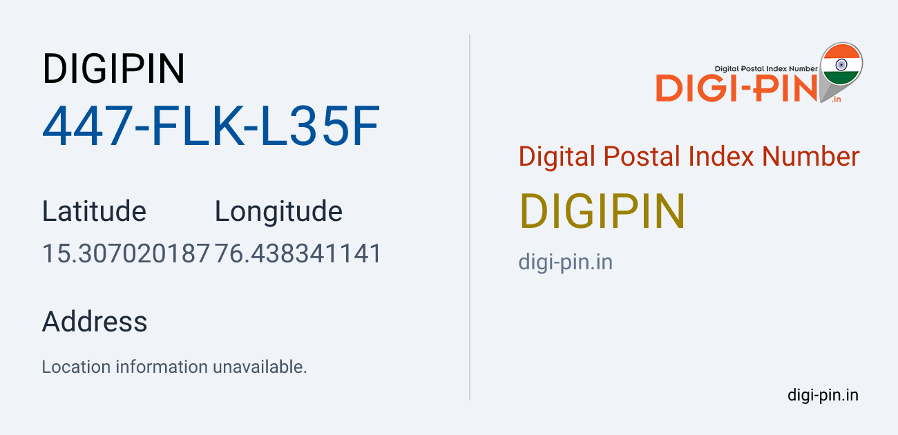 DigiPin 447-FLK-L35F location map showing coordinates 15.307020, 76.438341