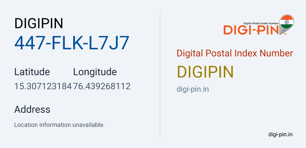 DigiPin 447-FLK-L7J7 location map showing coordinates 15.307123, 76.439268