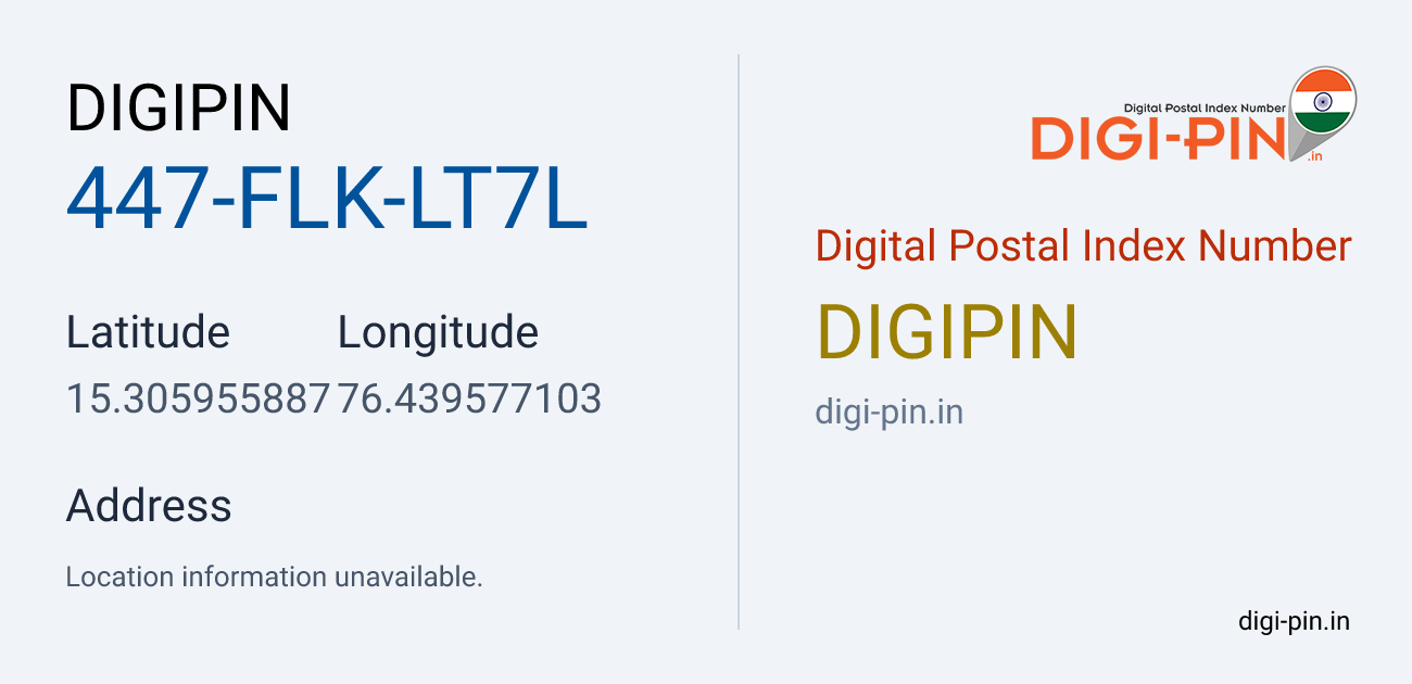 DigiPin 447-FLK-LT7L location map showing coordinates 15.305956, 76.439577