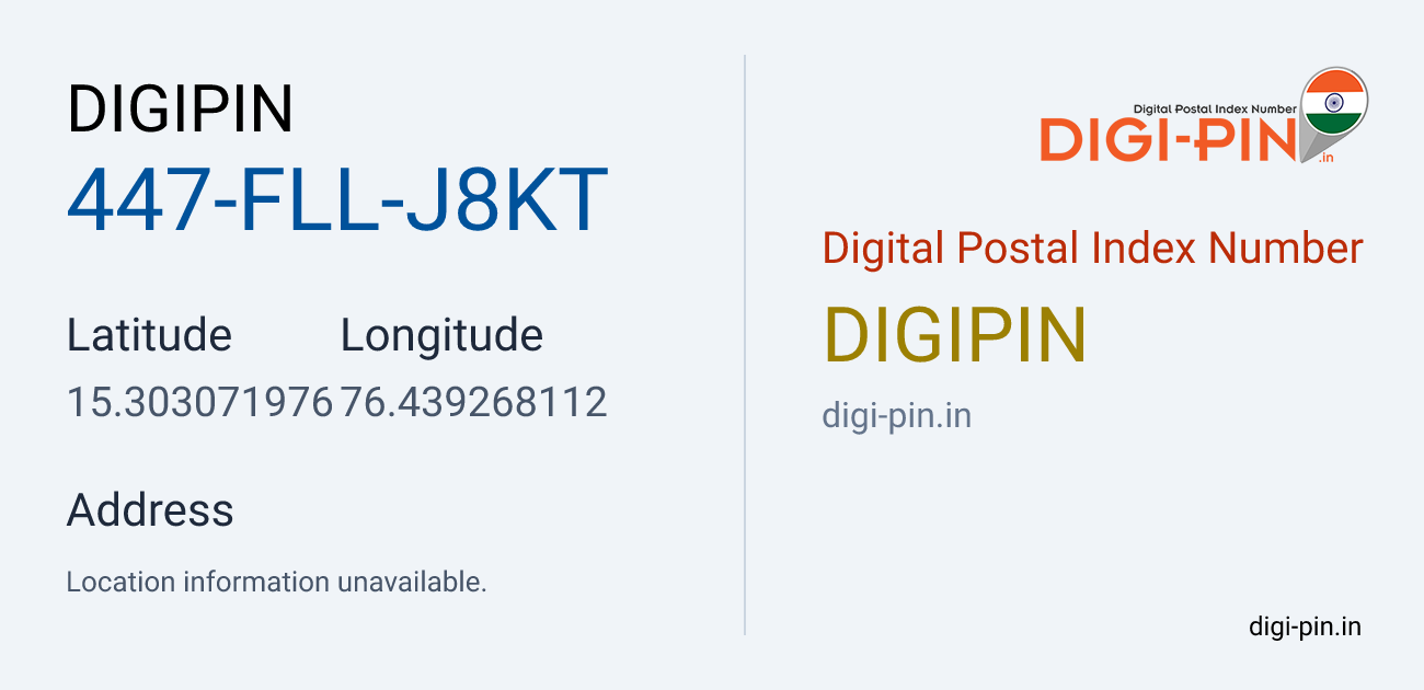 DigiPin 447-FLL-J8KT location map showing coordinates 15.303072, 76.439268