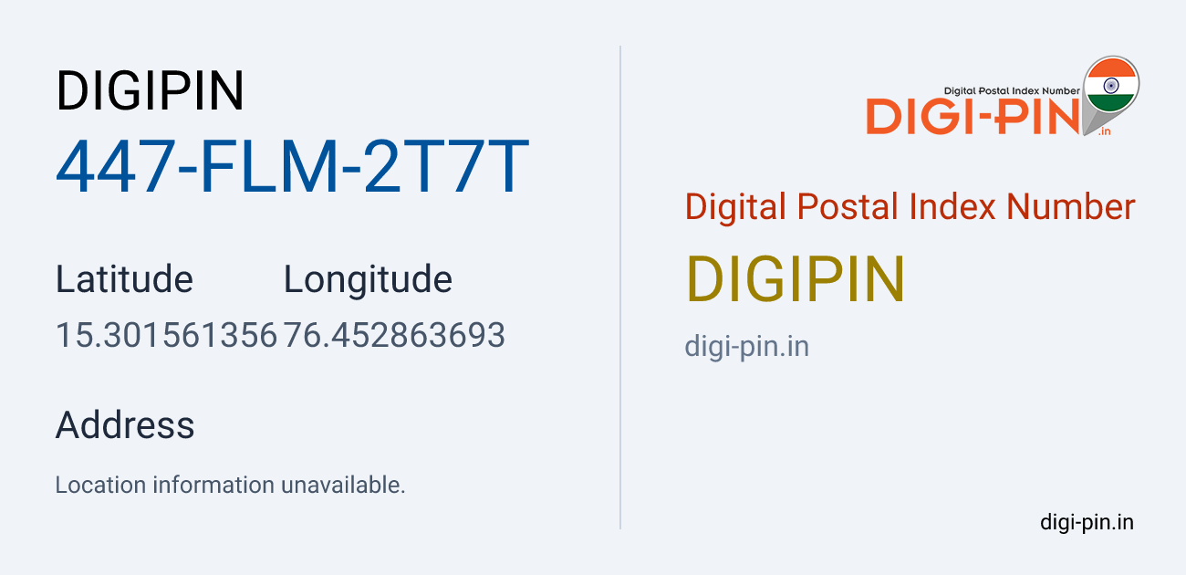 DigiPin 447-FLM-2T7T location map showing coordinates 15.301561, 76.452864