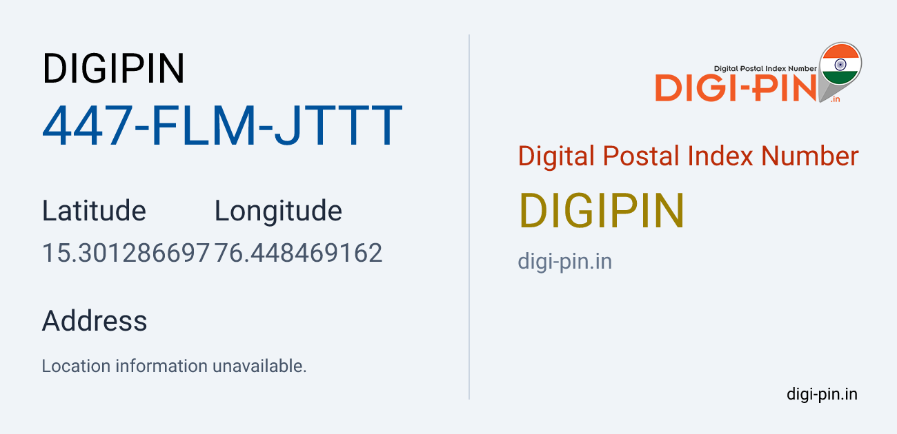 DigiPin 447-FLM-JTTT location map showing coordinates 15.301287, 76.448469