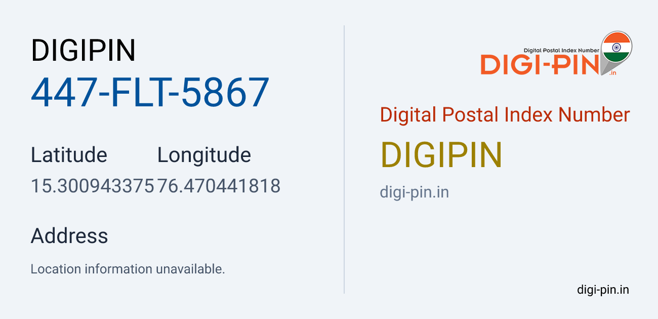 DigiPin 447-FLT-5867 location map showing coordinates 15.300943, 76.470442