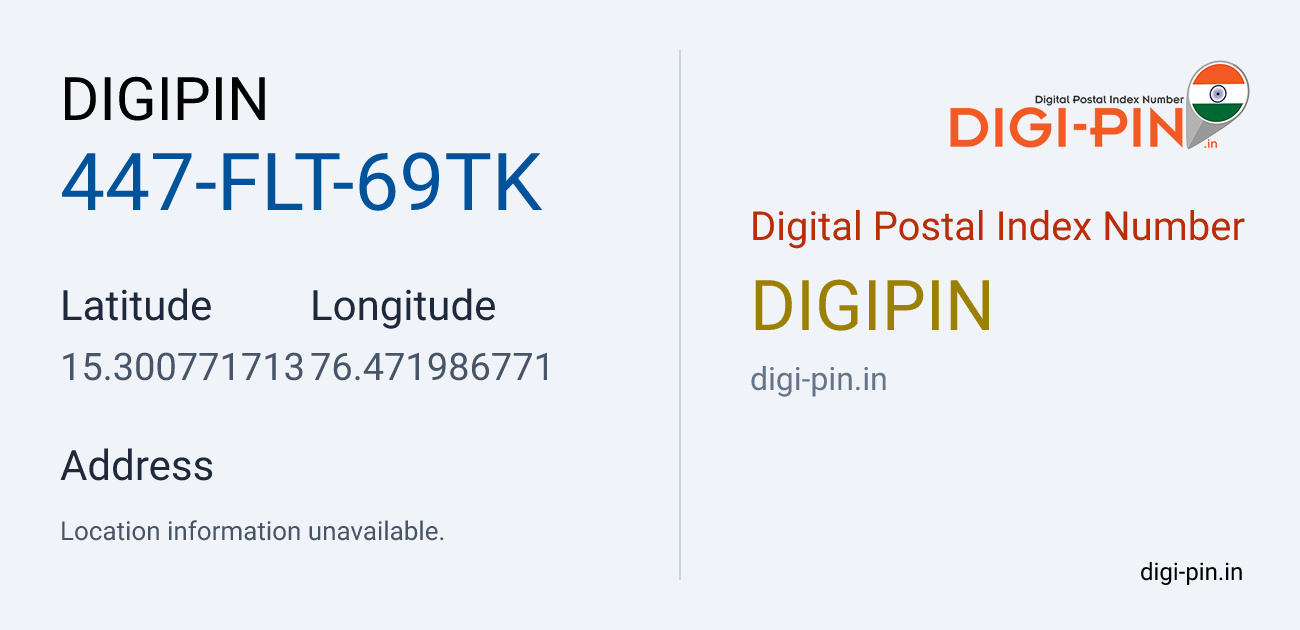 DigiPin 447-FLT-69TK location map showing coordinates 15.300772, 76.471987