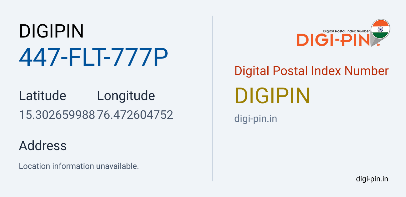 DigiPin 447-FLT-777P location map showing coordinates 15.302660, 76.472605