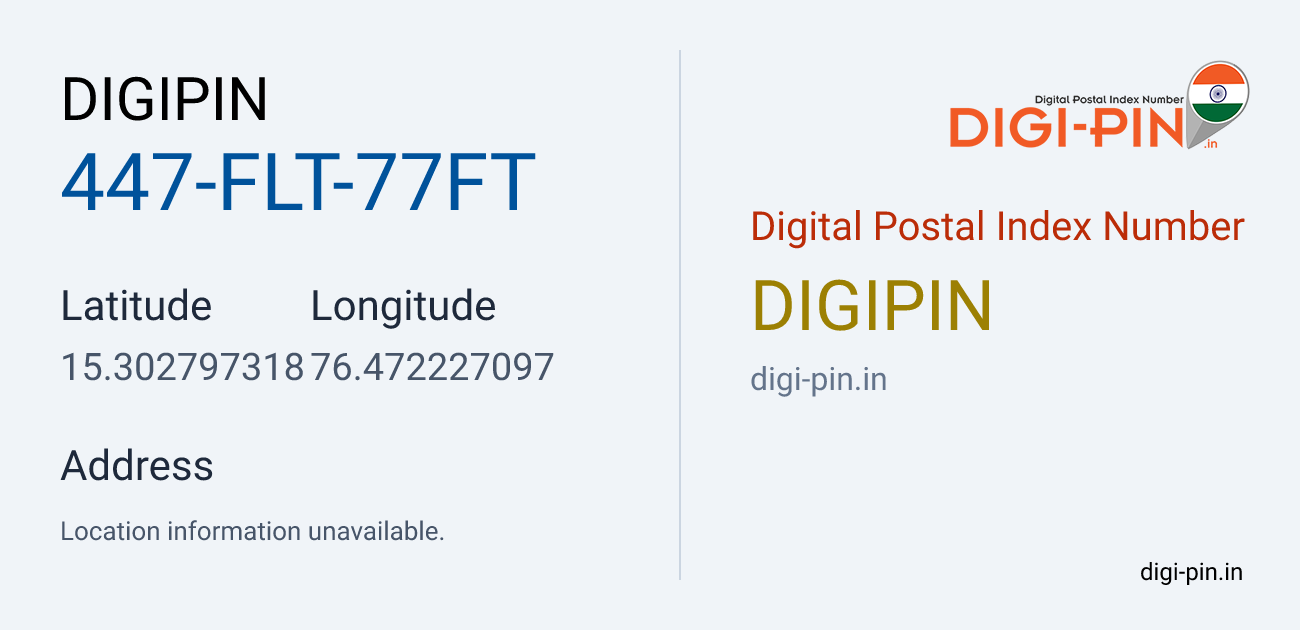 DigiPin 447-FLT-77FT location map showing coordinates 15.302797, 76.472227