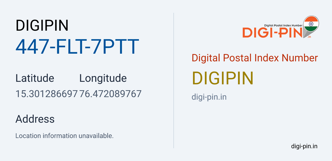 DigiPin 447-FLT-7PTT location map showing coordinates 15.301287, 76.472090