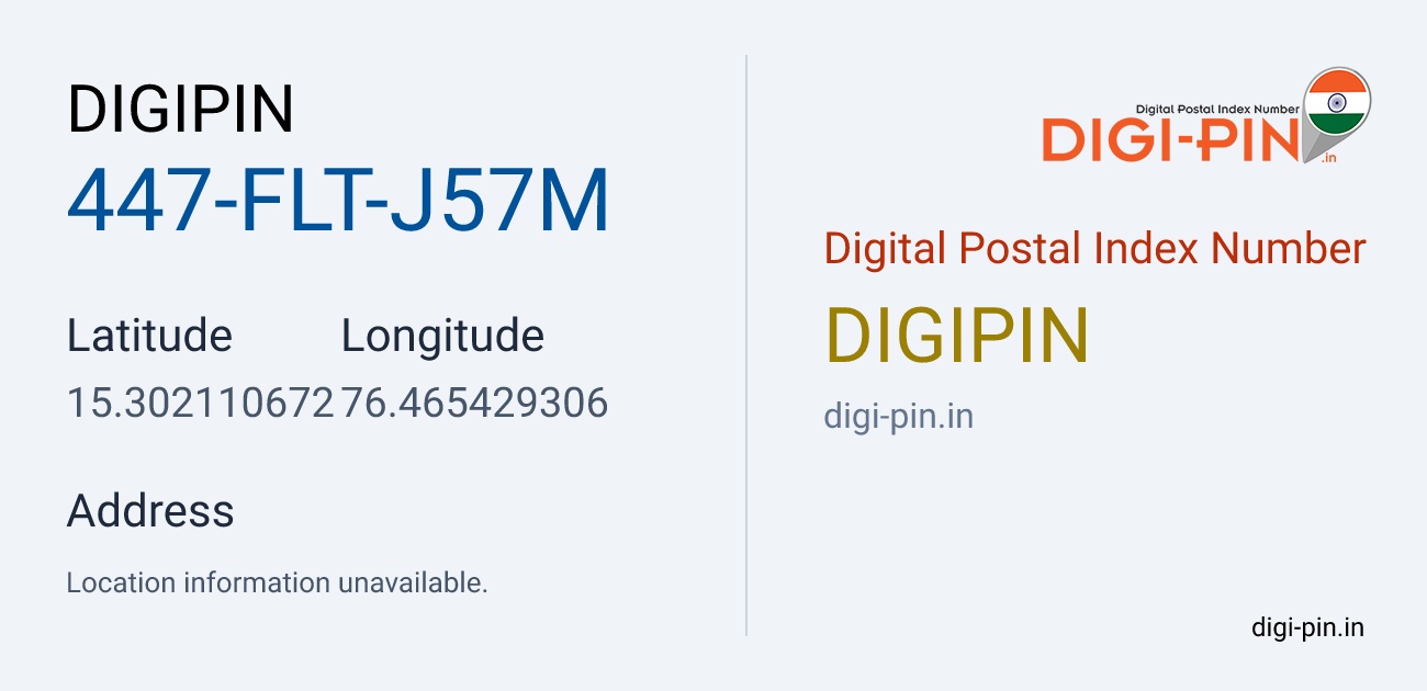 DigiPin 447-FLT-J57M location map showing coordinates 15.302111, 76.465429