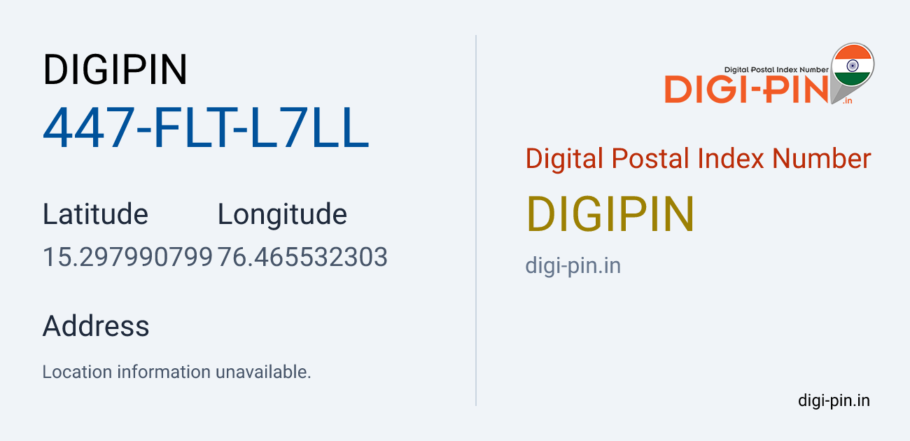 DigiPin 447-FLT-L7LL location map showing coordinates 15.297991, 76.465532