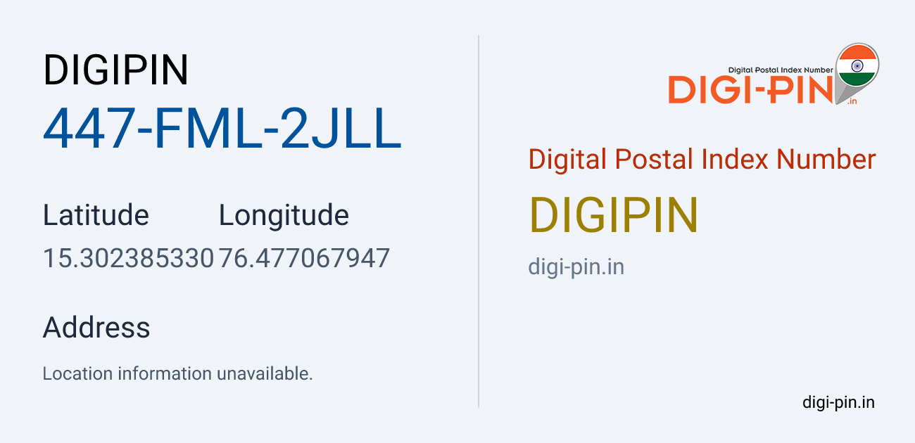 DigiPin 447-FML-2JLL location map showing coordinates 15.302385, 76.477068